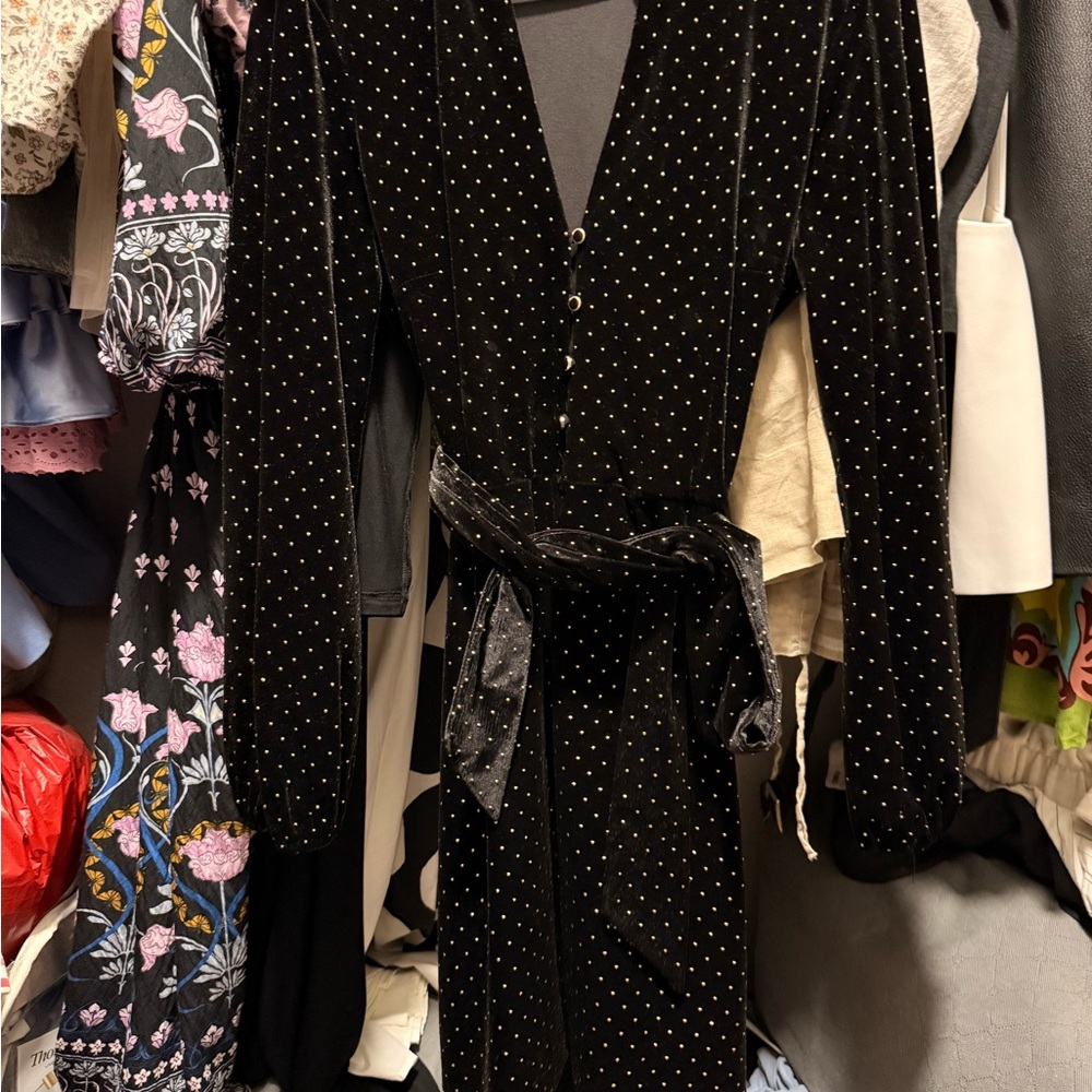Elegant Black Velvet Dress with metallic Polka Dots